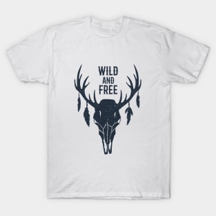 Deer With Horns. Inspirational Text. Wild And Free. Boho Style T-Shirt